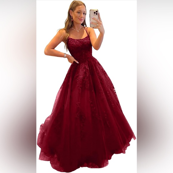 Red lace prom dress, lace applique prom dresses, spagehtti strap prom dresses main image 1